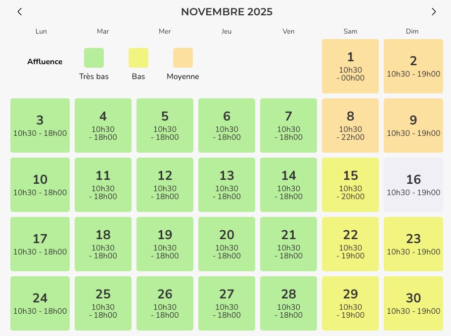  calendrier prevision d'affluence parc porta ventura novembre 2025
