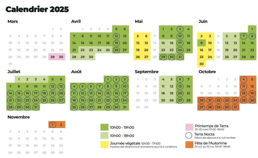 Calendrier ouverture et affluence Terra Botanica 2025, horaire d'ouverture