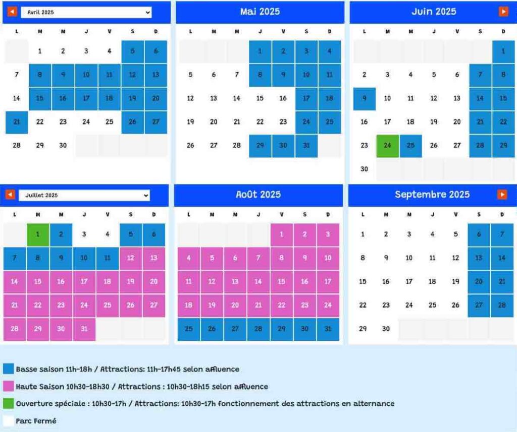 Calendrier d'ouverture 2025 parc Family Park avec affluence et horaires jour par jour