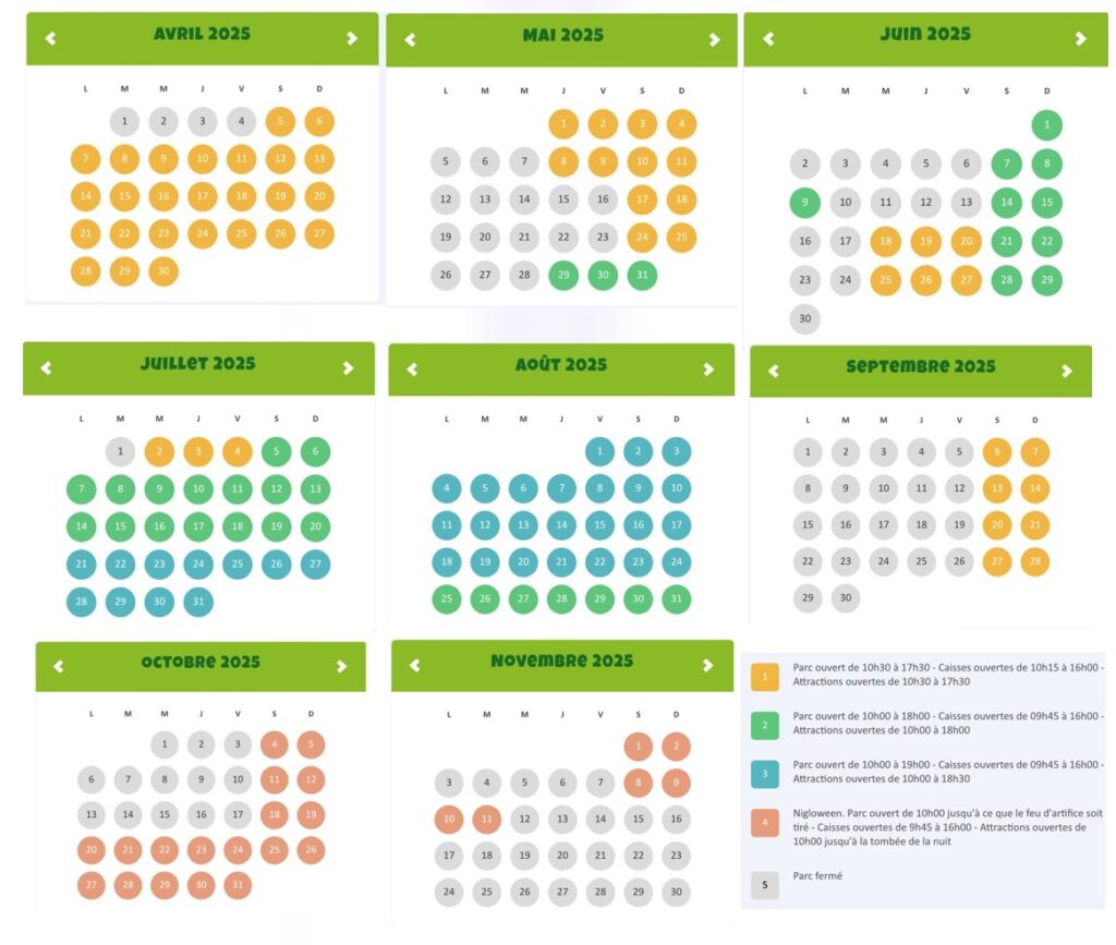 Calendrier ouverture Nigloland 2025 et horaire d'ouverture