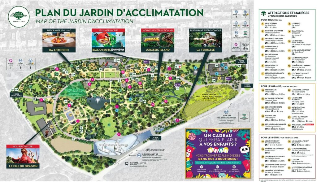 Plan des attractions du Jardin d'Acclimatation et liste