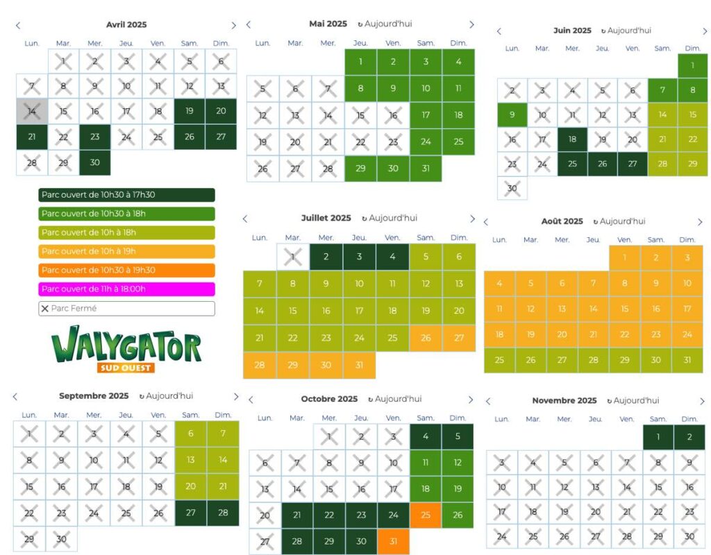 Caleendrier date jour d'ouverture horaire affluence parc Walygator Sud Ouest 2025