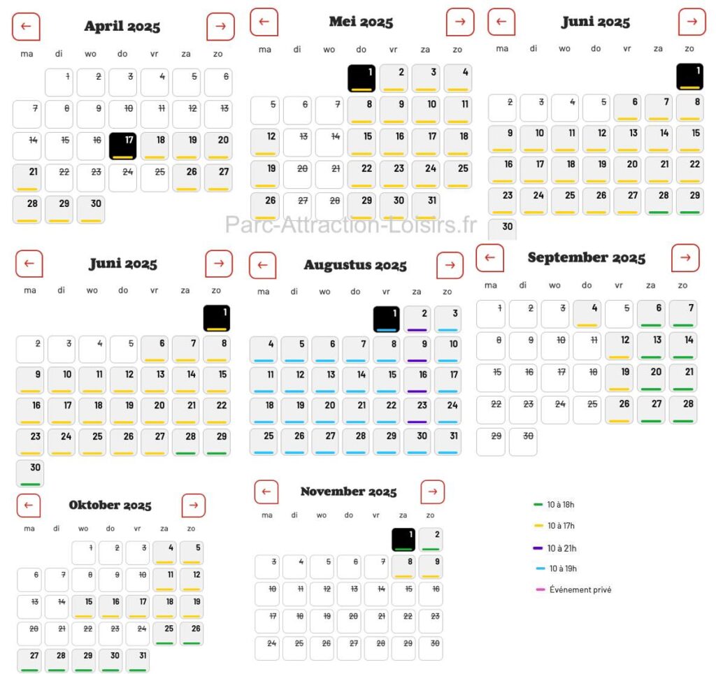 Calendrier date d'ouverture horaire et jour d'affluence Bobbejaanland 2025