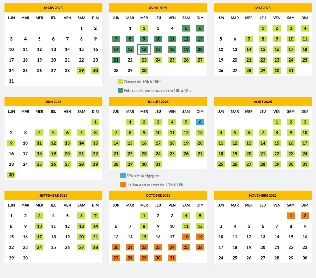 Calendrier jour et date horaire d'ouverture et affluence Cigoland 2025