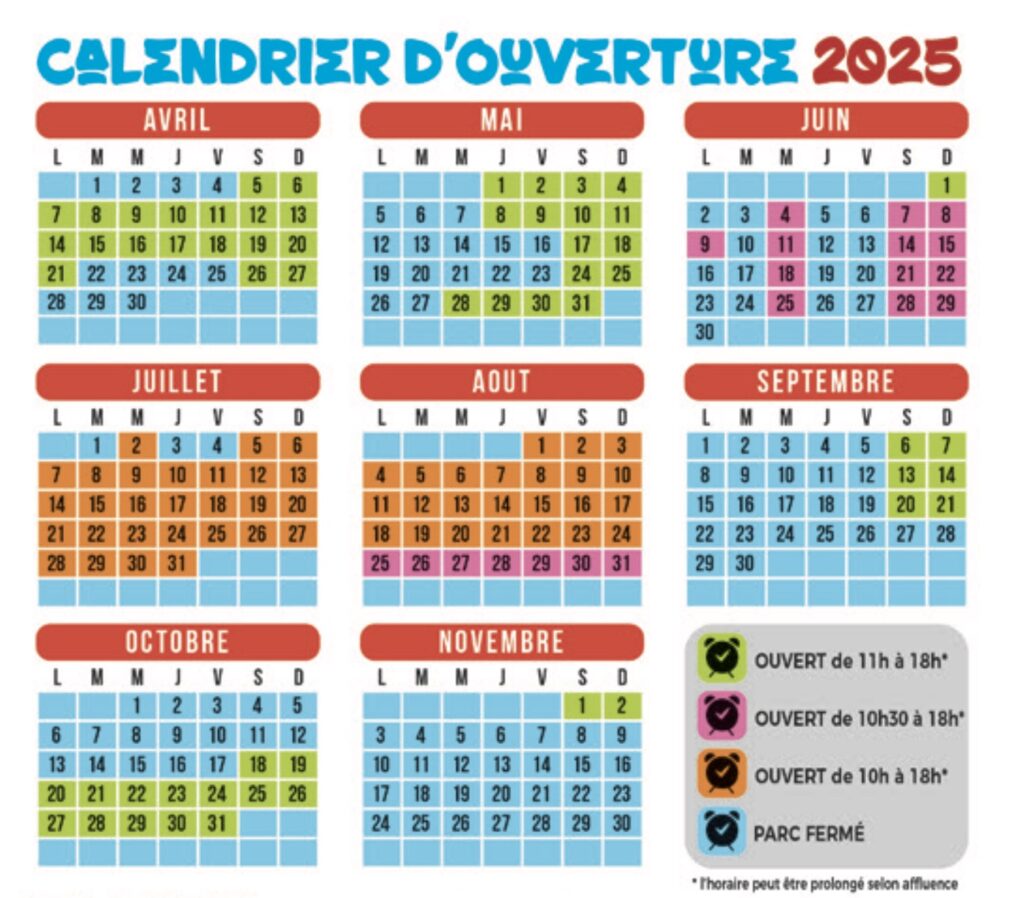 Calendrier d'ouverture, affuence et horaire 2025 Dennlys Parc 