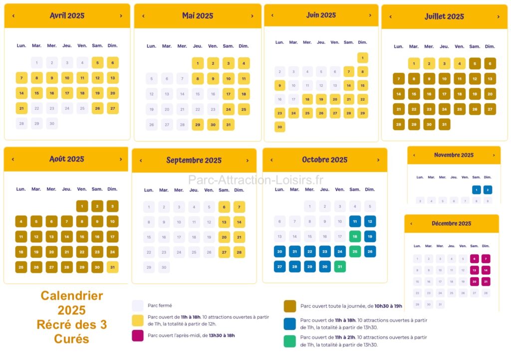 Calendrier d'ouverture, horaire affluence Récré des 3 curés 2025