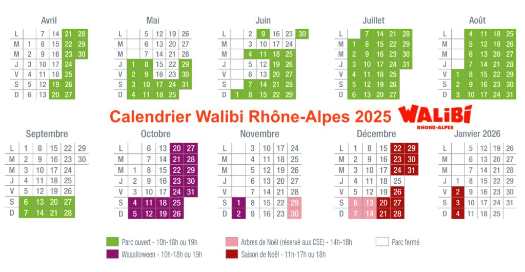 Calendrier d'ouverture et horaires, affluence et fréquentation Walibi Rhone-Alpes 2025