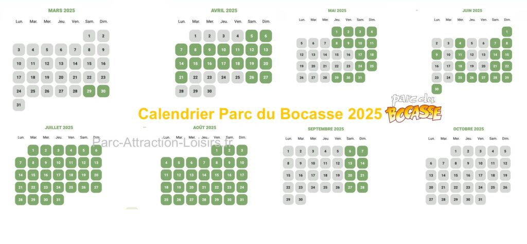 Calendrier ouverture horaire affluence Parc du Bocasse 2025