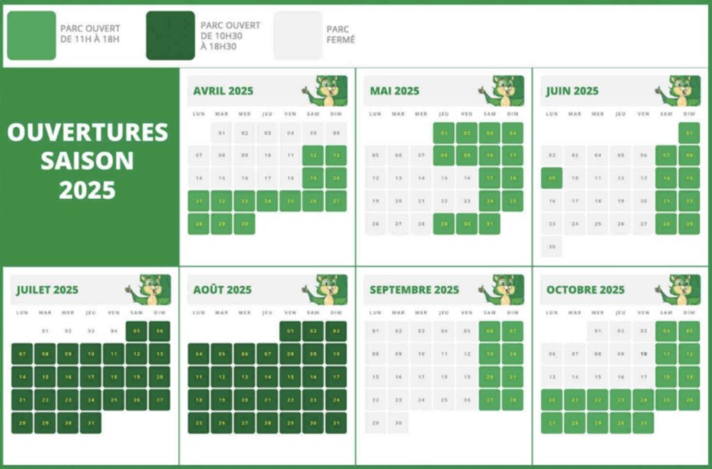 Calendrier d'ouverture et horaire, affluence Parc des Combes 2025