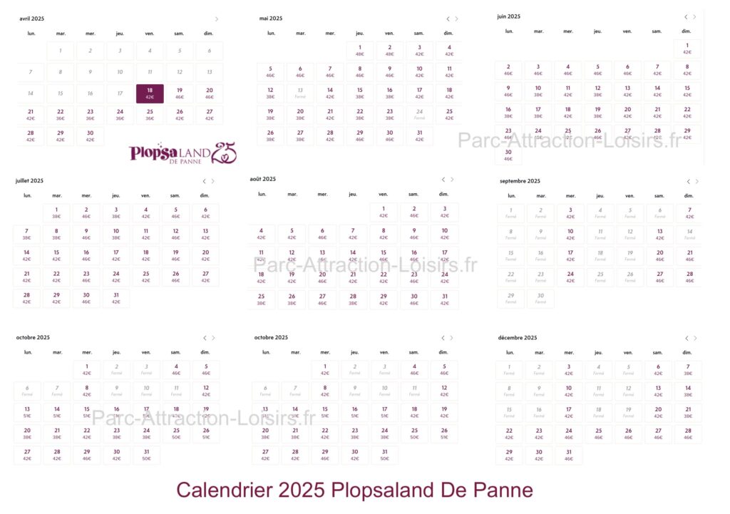 calendrier ouverture horaire affluence Plopsaland La Panne 2025