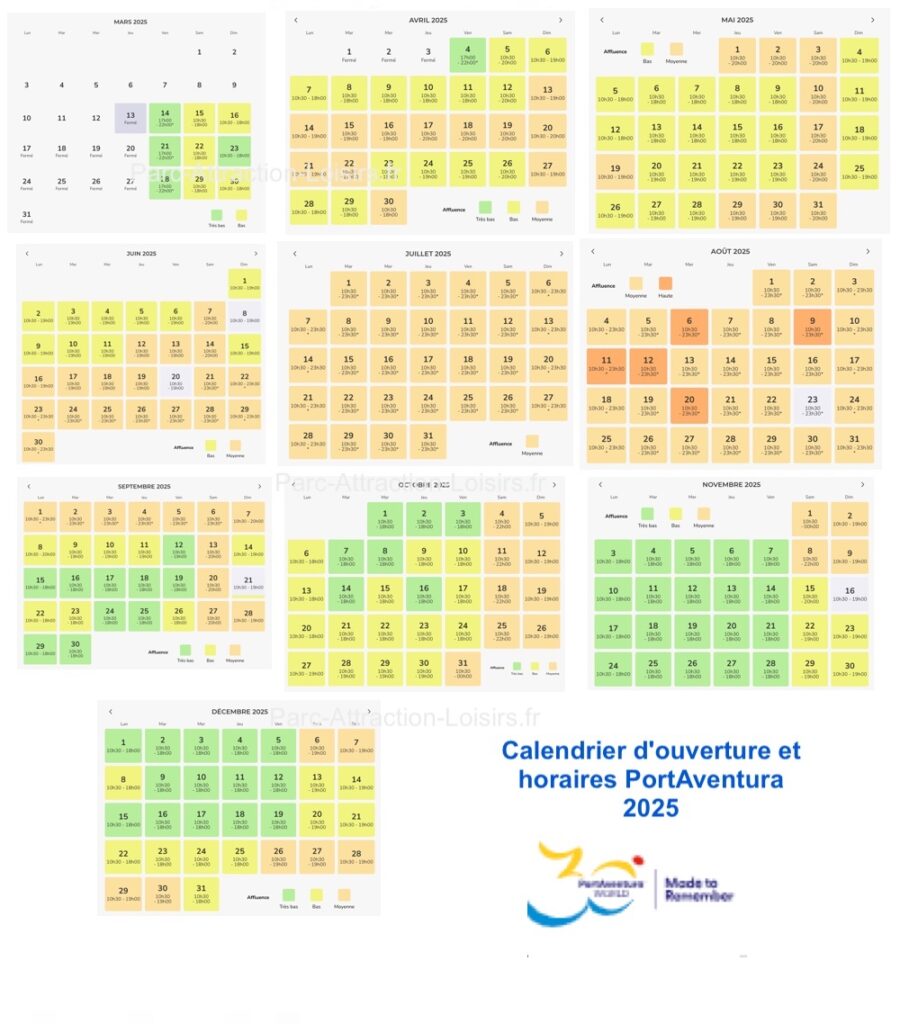 Calendrier et horaire d'ouverture parc Port Aventura 2025