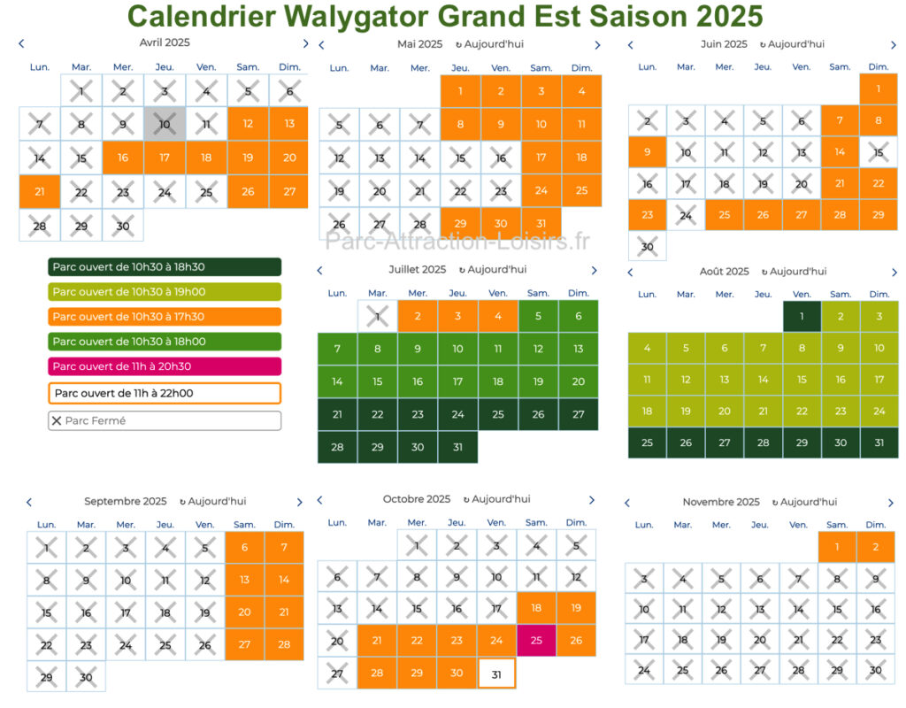 Calendrier horaire ouverture affluence Walygator Grand Est 2025