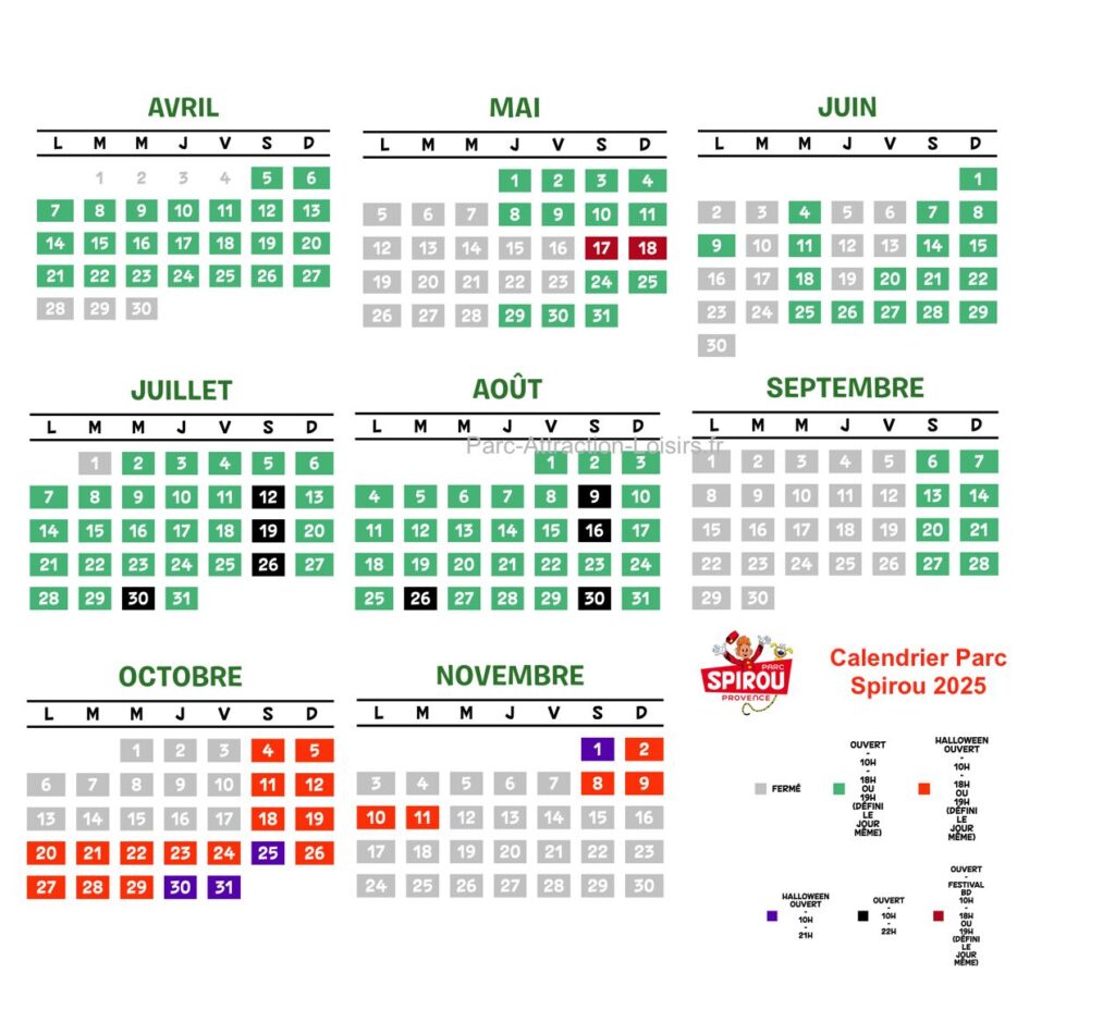 Calendrier d'ouverture et horaire affluence Parc Spirou 2025