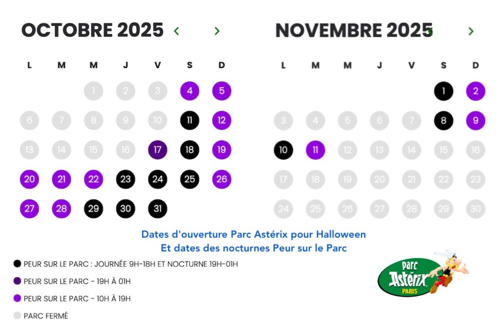 Date d'ouverture Parc Astérix Peur sur le Parc et horaire , jours des nocturnes