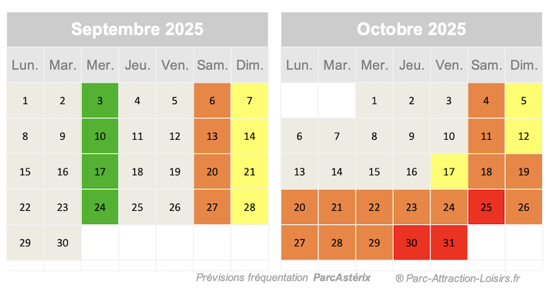 affluence parc asterix octobre 2025 et novembre 2025