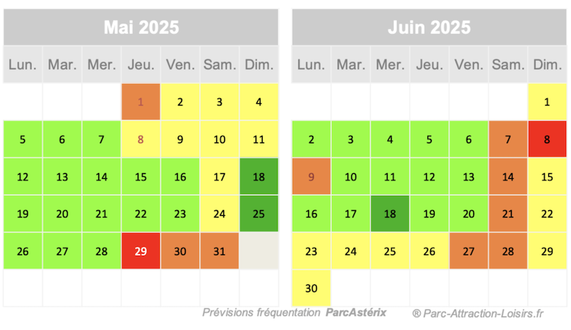 Prévision d'affluence Parc Astérix mai 2025 juin 2025 