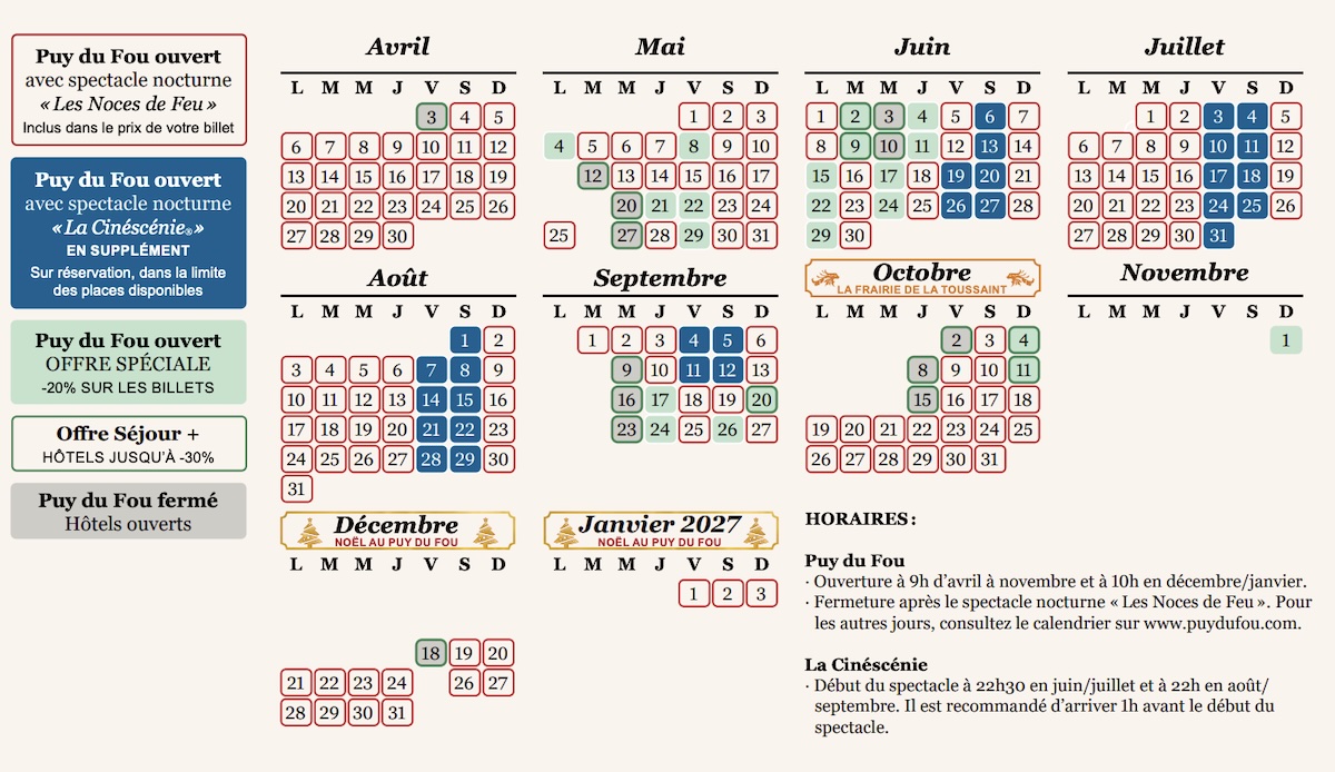 Calendrier d'ouverture et horaire Parc du Puy du Fou 2026