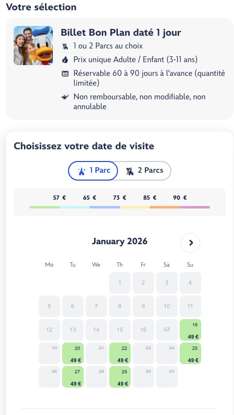 liste jour et prix billet disneyland paris pour 1 jour 2 parcs