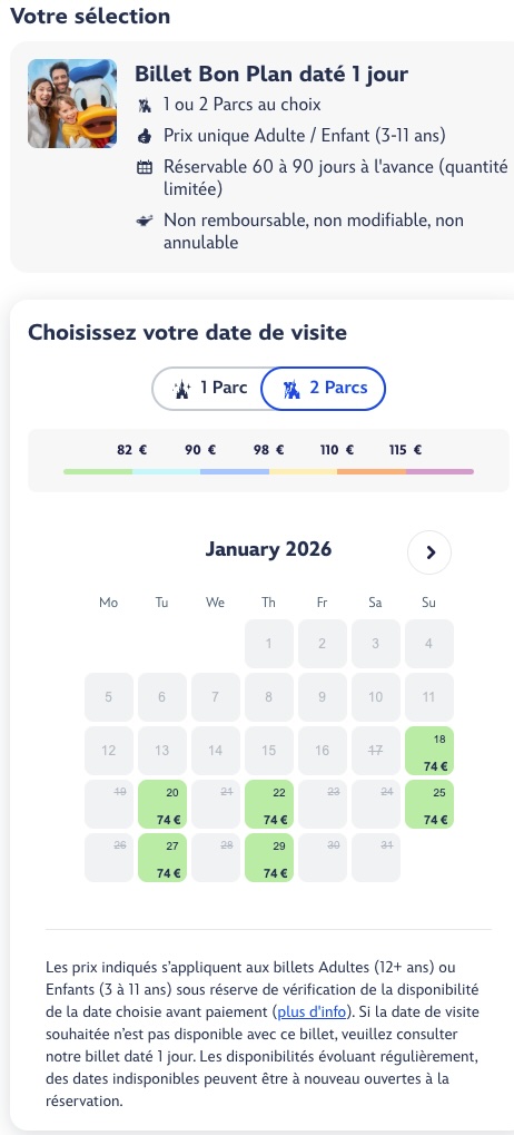 tarif billet bon plan disney 2 parcs