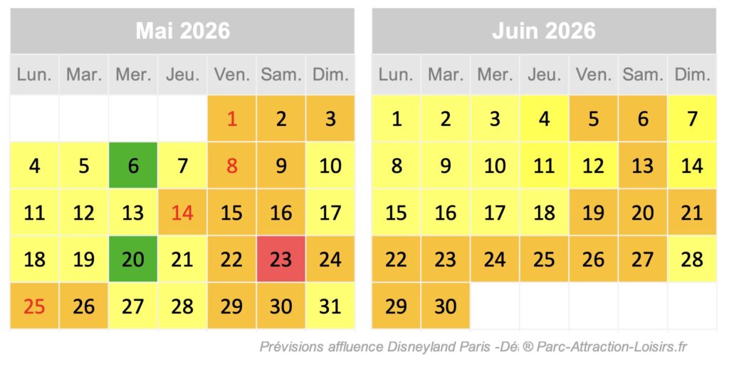 jour d'affluence prevue à Disneyland en mai et juin 2026 