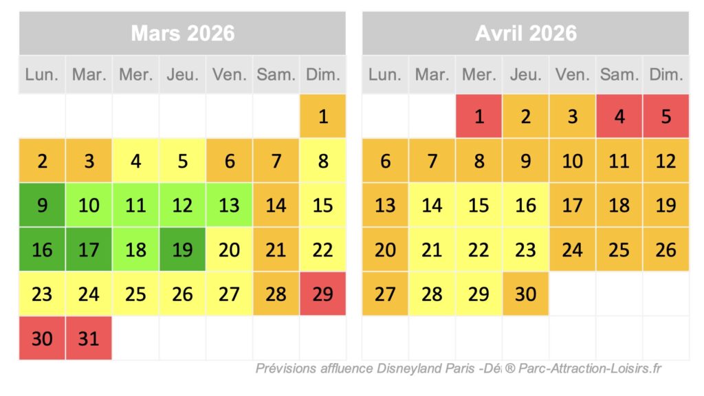 Calendrier de prévision d'affluence et de fréquentation parc Disneyland Paris mars avril 2026