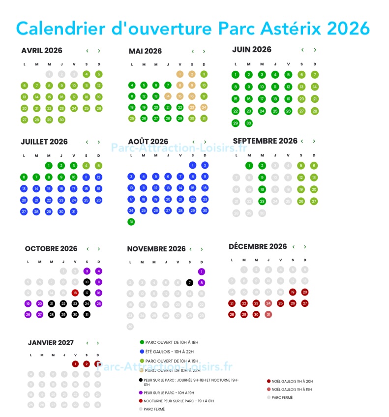 calendrier d'ouverture et horaires Parc Astérix 2026