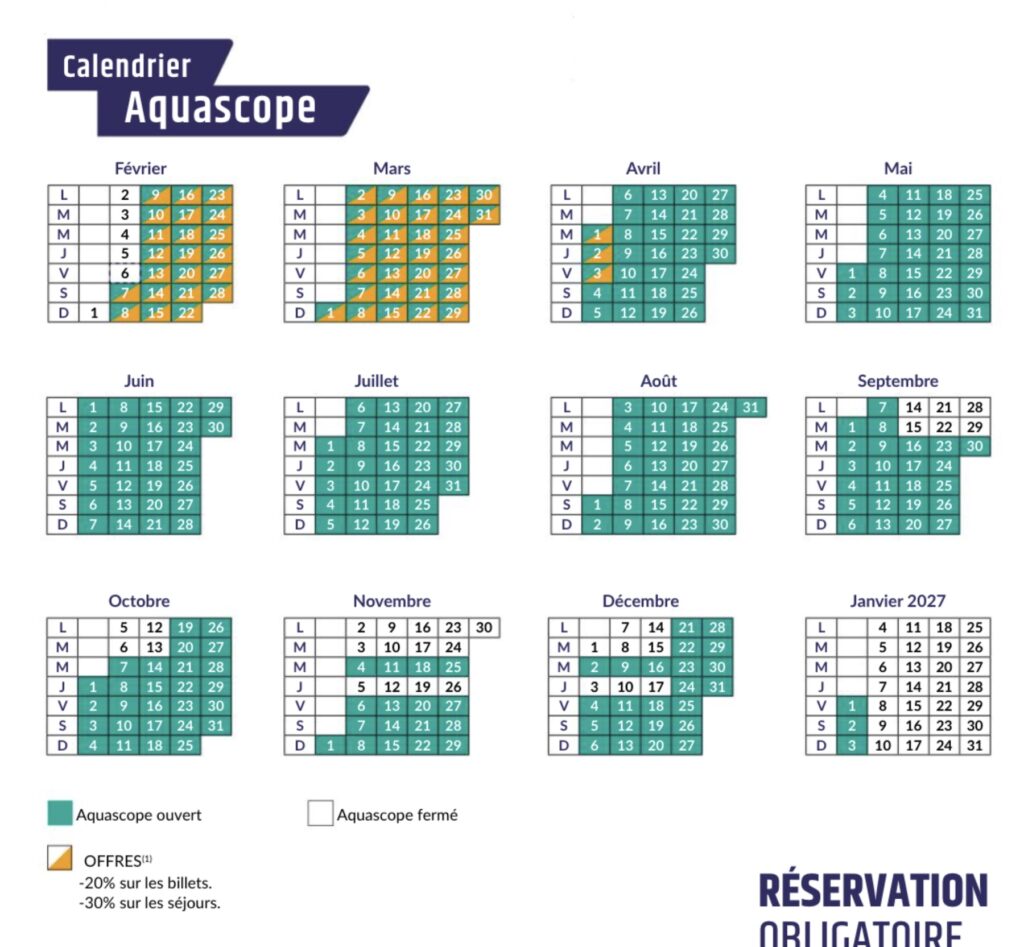 calendrier d'ouverture aquascope 2026