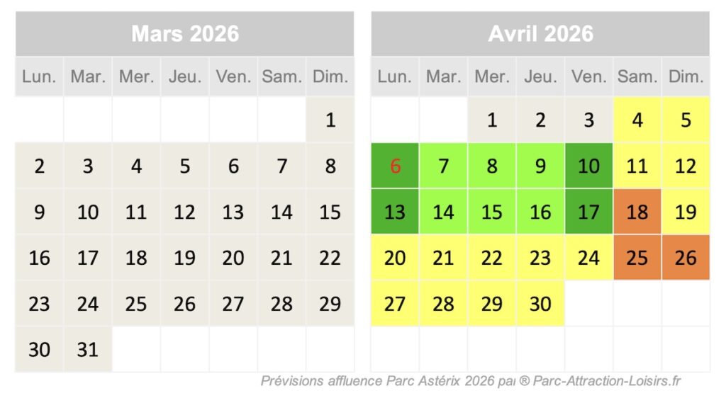 calendrier d'affluence parc asterix avril 2026 re-ouverture et vacances de prinntemps lundi de pâques
