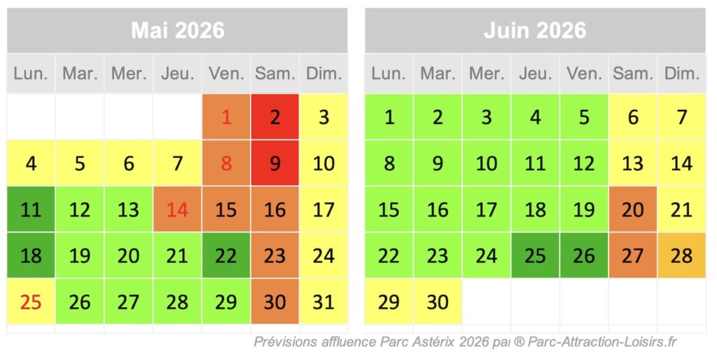 affluence parc asterix mai juin 2026, ponts et week-end long : calendrier jour par jour