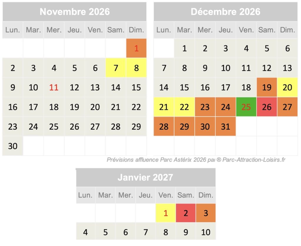 calendrier meilleur et pire jour pour aller au Parc Astérix en novembre et décembre 2026 à Noël et début janvier 2027