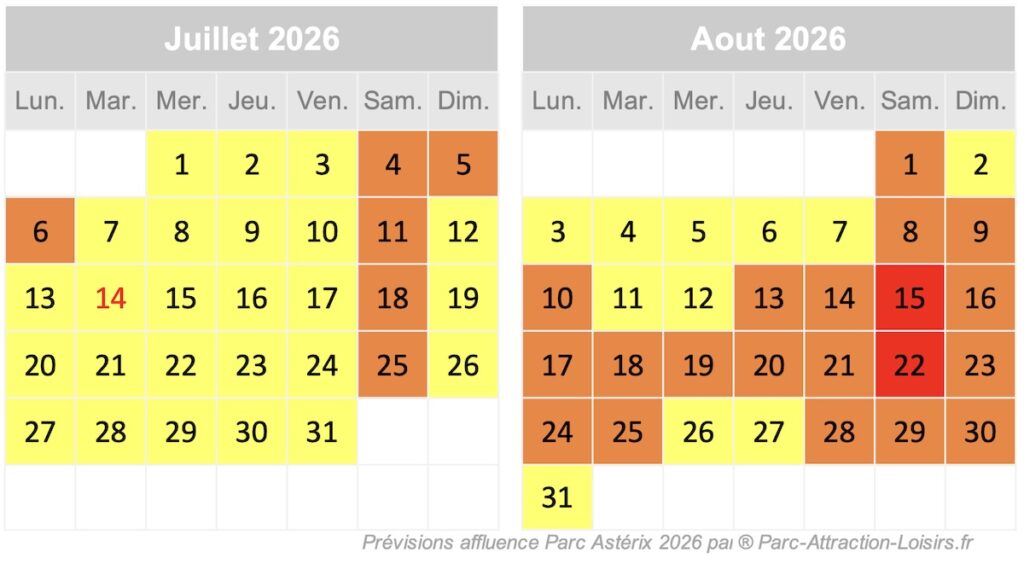 calendrier d'affluence au parc astérix ceet été juillet et aout 2026