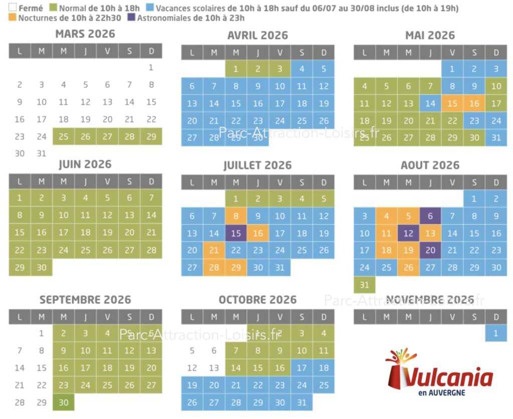 calendrier d'ouverture Vulcania 2026 avec horaires du parc