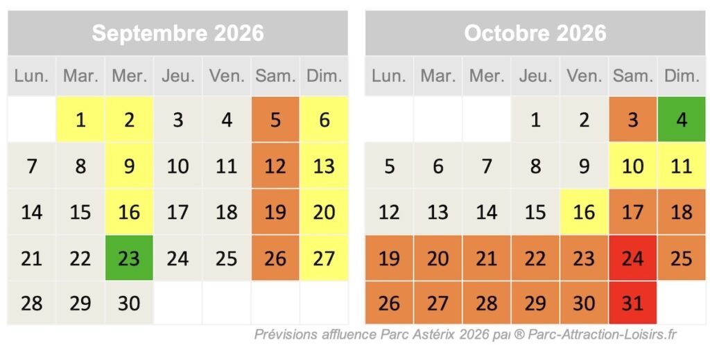 affluence parc astérix septembre octobre 2026 pour HAlloween et vacances de la Toussaint