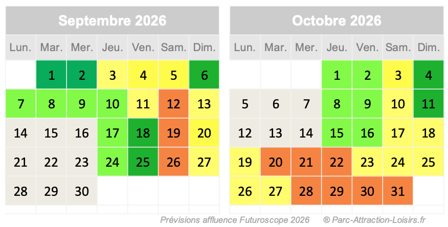 calendrier des jours d'affluence au futuroscope en septembre et octobre 2026 pour halloween et la toussaint