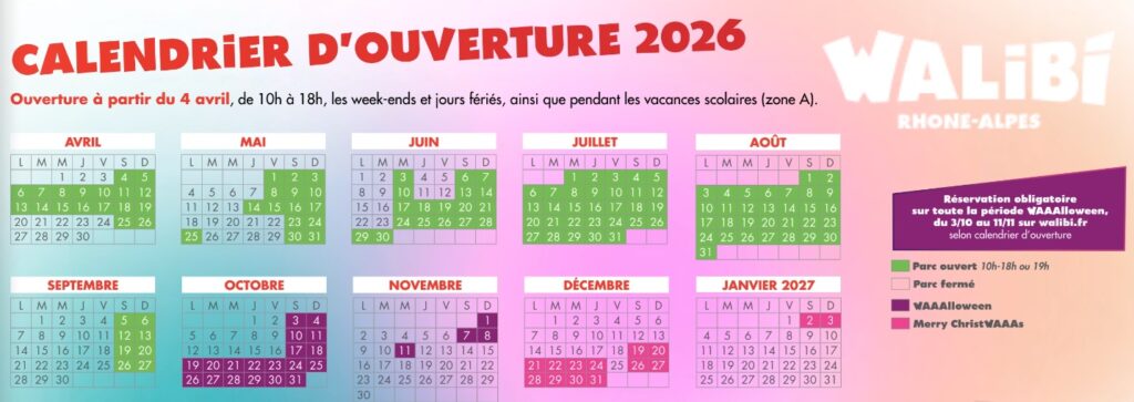 Calendrier affluence fréquentation parc Walibi Rhône Alpes saison 2026
