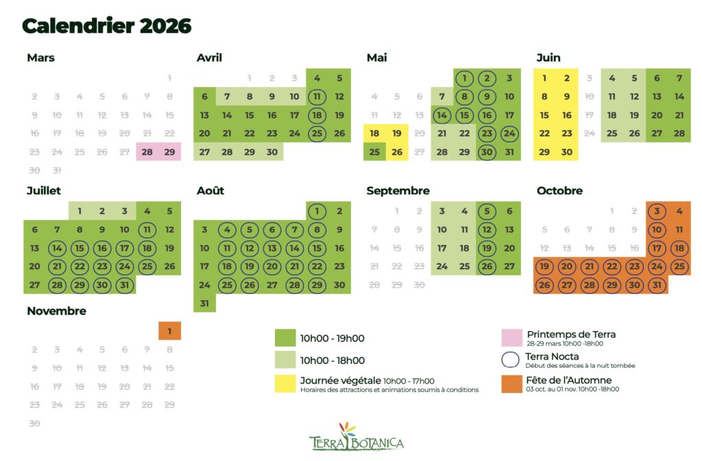 calendrier d'ouverture et d'affluence Terra Botanica 2026