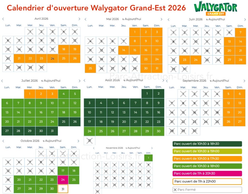 calendrier ouverture horaire affluence Walygator Grand-ESt 2026
