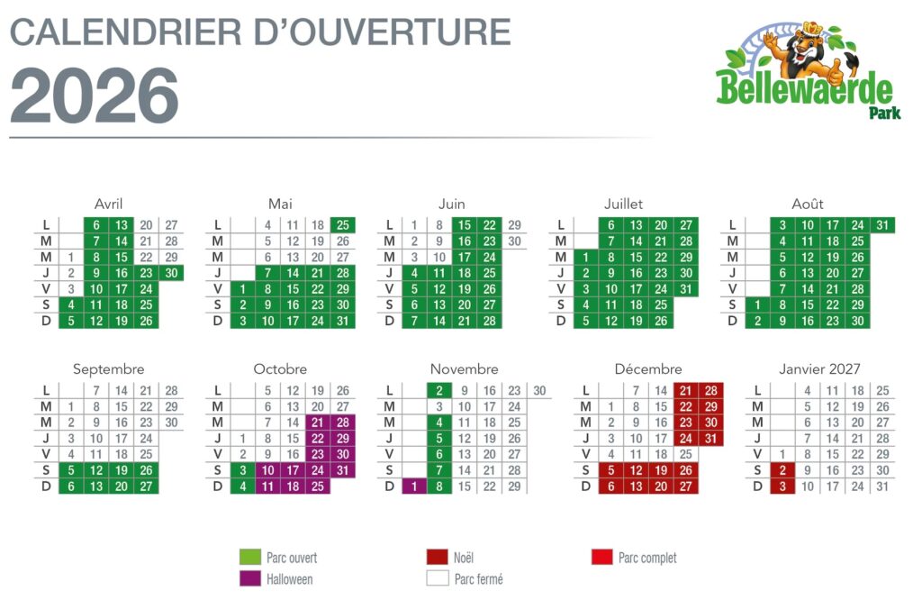 Calendrier ouverture, horaire et affluence parc Bellewaerde 2026