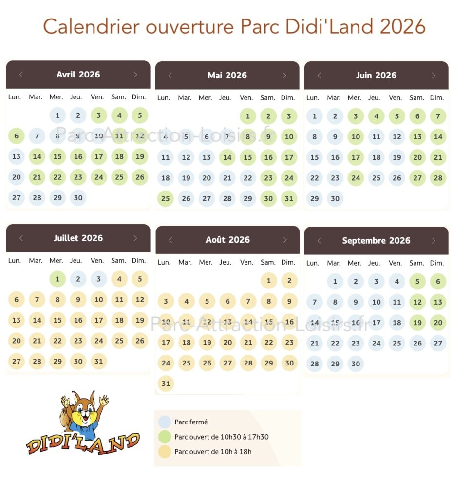 Calendrier ouverture horaire affluence parc DidiLand 2026