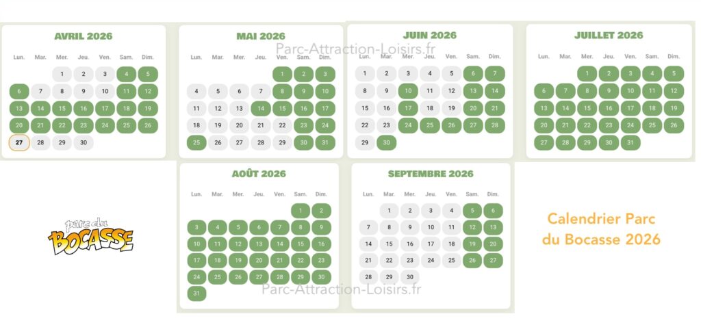 Calendrier ouverture horaire affluence parc du Bocasse 2026