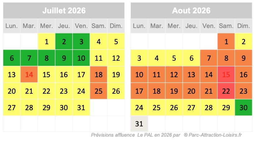 Calendrier affluence Le Pal juillet aout 2026 été 2026