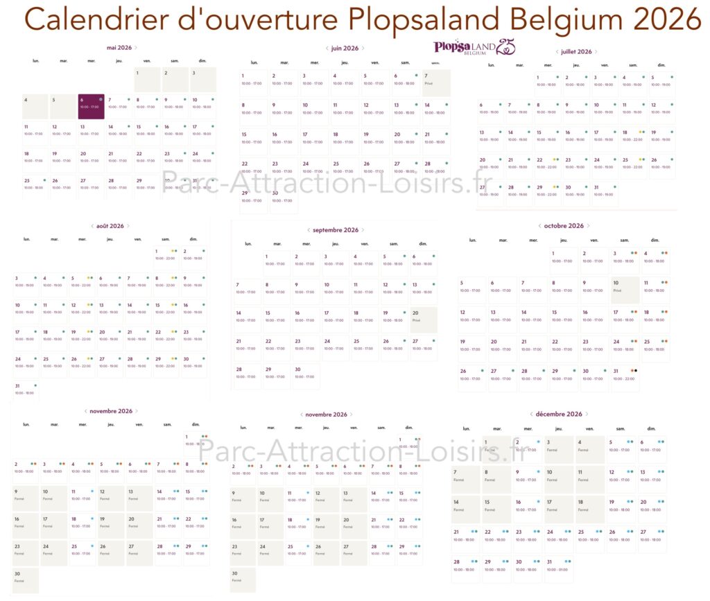 Calendrier d'ouverture, horaire et fréquentation / affluence Plopsaland Belgium La Panne 2026