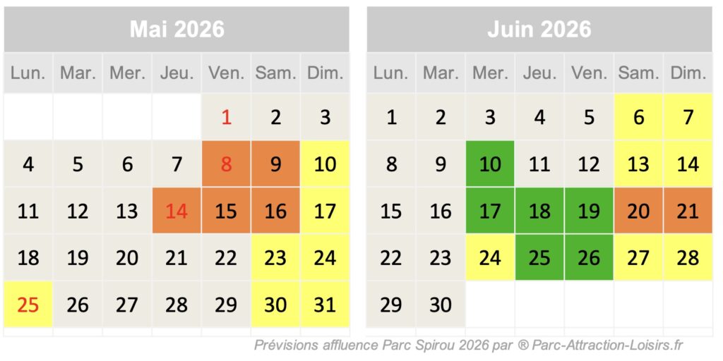 calendrier de prévisions d'affluence et de fréquentation du Parc Spirou en mai et juin 2026