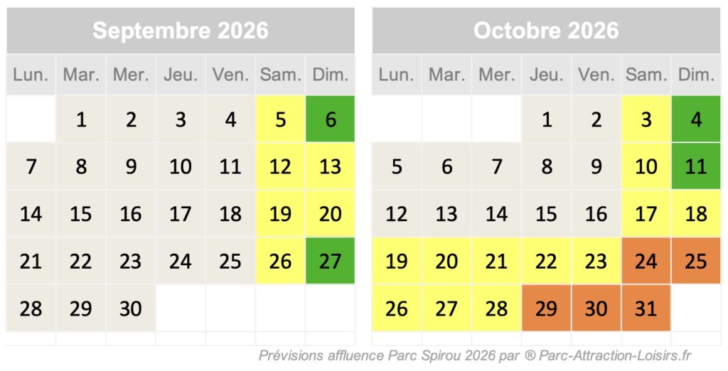 calendrier de prévisions d'affluence et de fréquentation du Parc Spirou en spetembre et octobre 2026