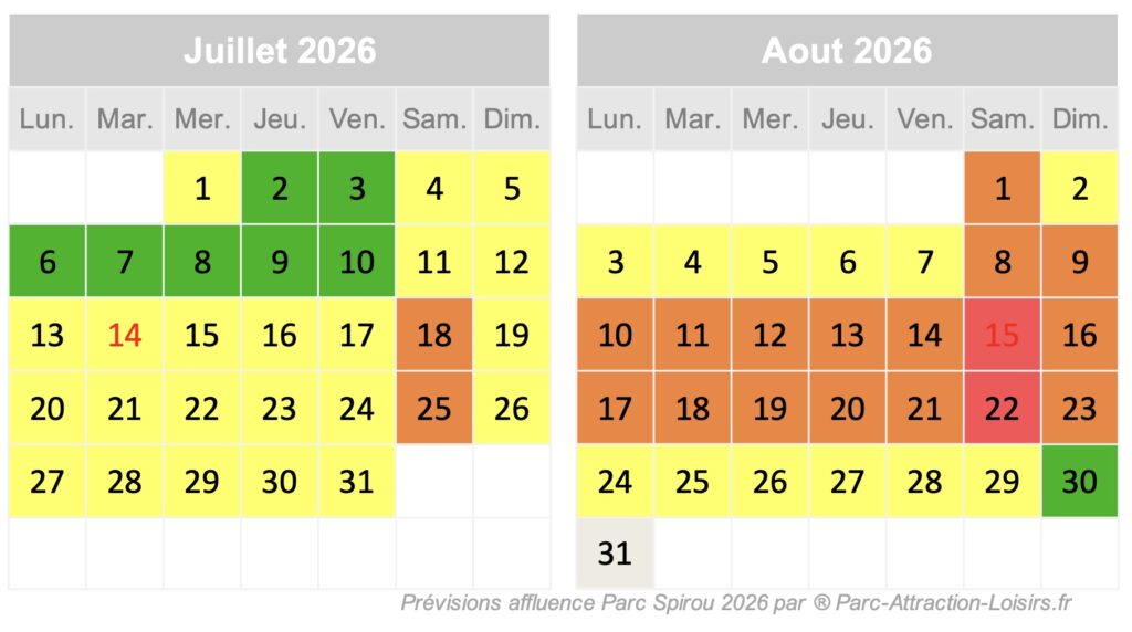 calendrier de prévisions d'affluence et de fréquentation du Parc Spirou en juillet et aout 2026