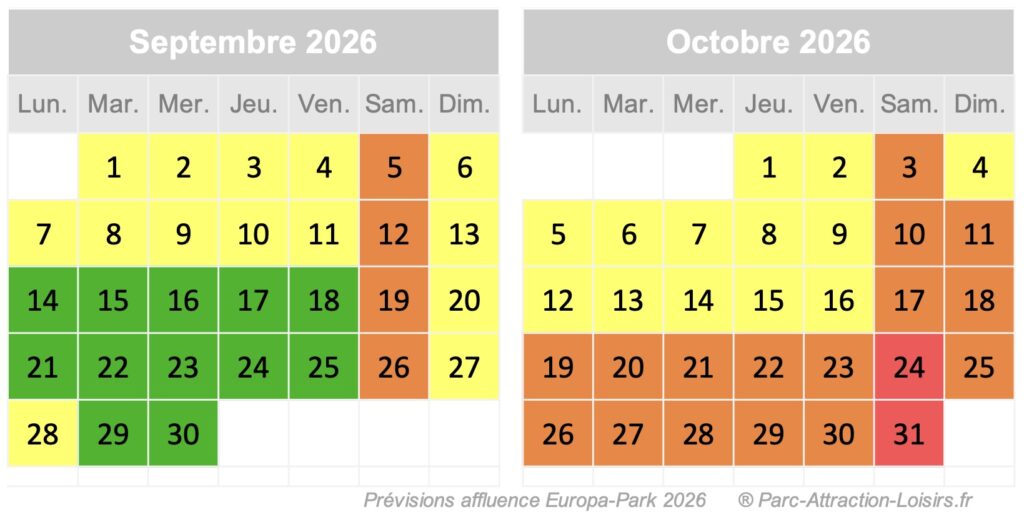 Calendrier des jours de foule d'affluence et de forte fréquentation à Europa Park automne septebre et octobre 2026