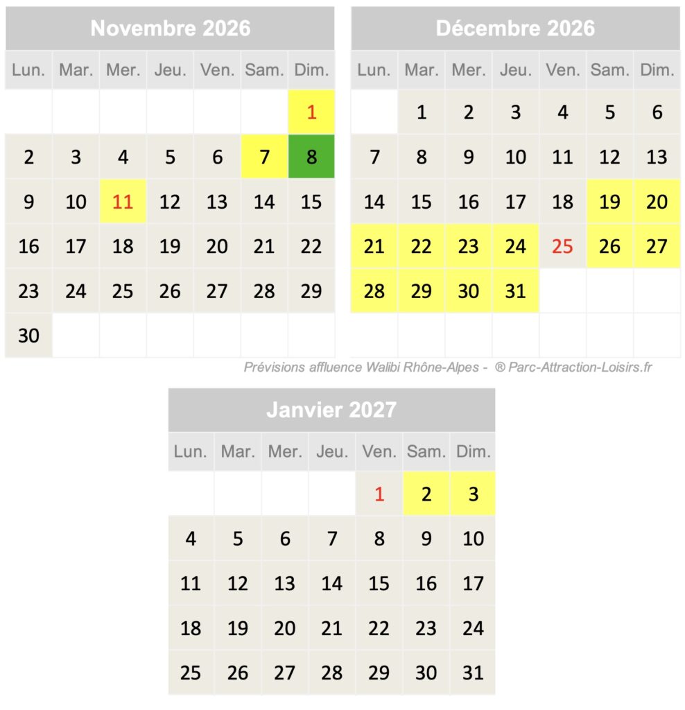 Calendrier de prévisions d'affluence et fréquentation prévisionnelle parc walibi Rhône-Alpes septembre et novembre decembre 2026 janvier 2027