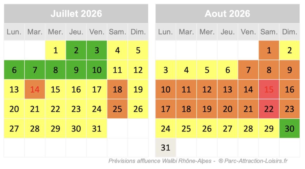 Calendrier de prévisions d'affluence et fréquentation prévisionnelle parc walibi Rhône-Alpes juillet aout 2026