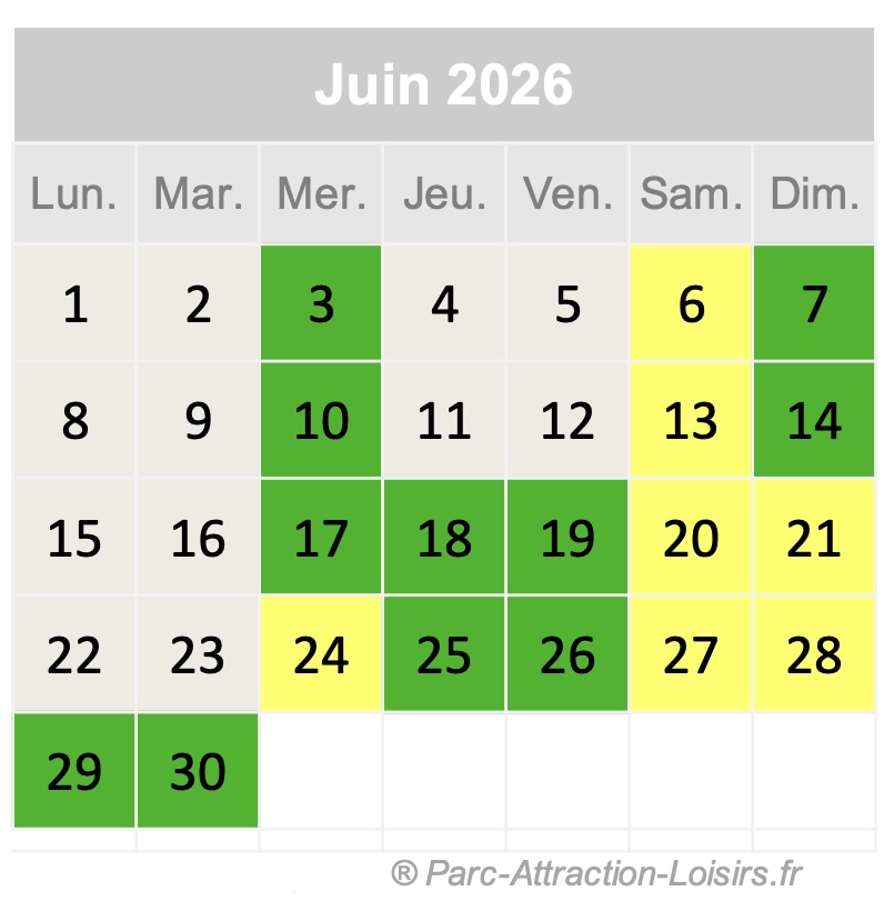 Calendrier de prévisions d'affluence et fréquentation prévisionnelle parc walibi Rhône-Alpes juin 2026