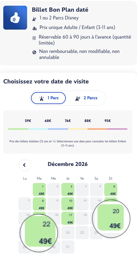 billet disneyland pas cher pour visite parc noel : les dates disponibles